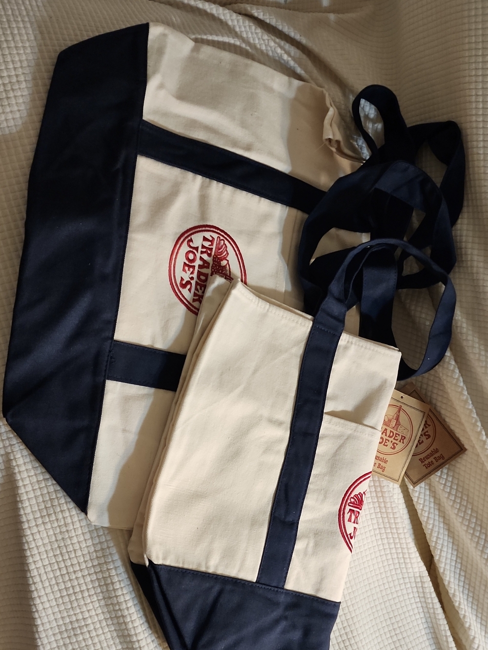 Trader Joe's Canvas Tote Bag - Navy & Cream - Set Of 2